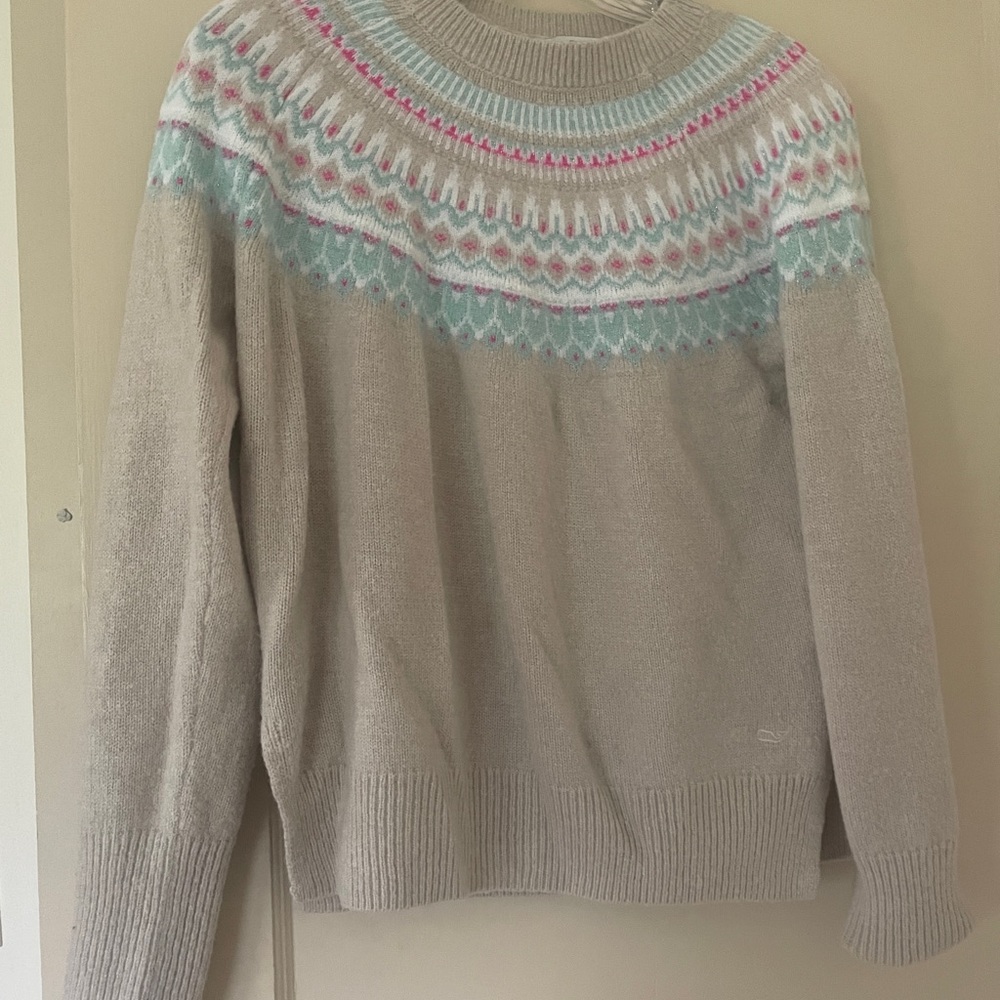Vineyard Vines Tan and Pink Crew Neck Sweater with Nordic Flair